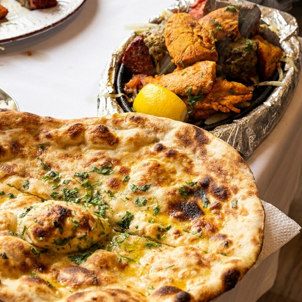 Naan bread topped with herbs beside basmati rice and a foil platter of assorted grilled meats with lemon.