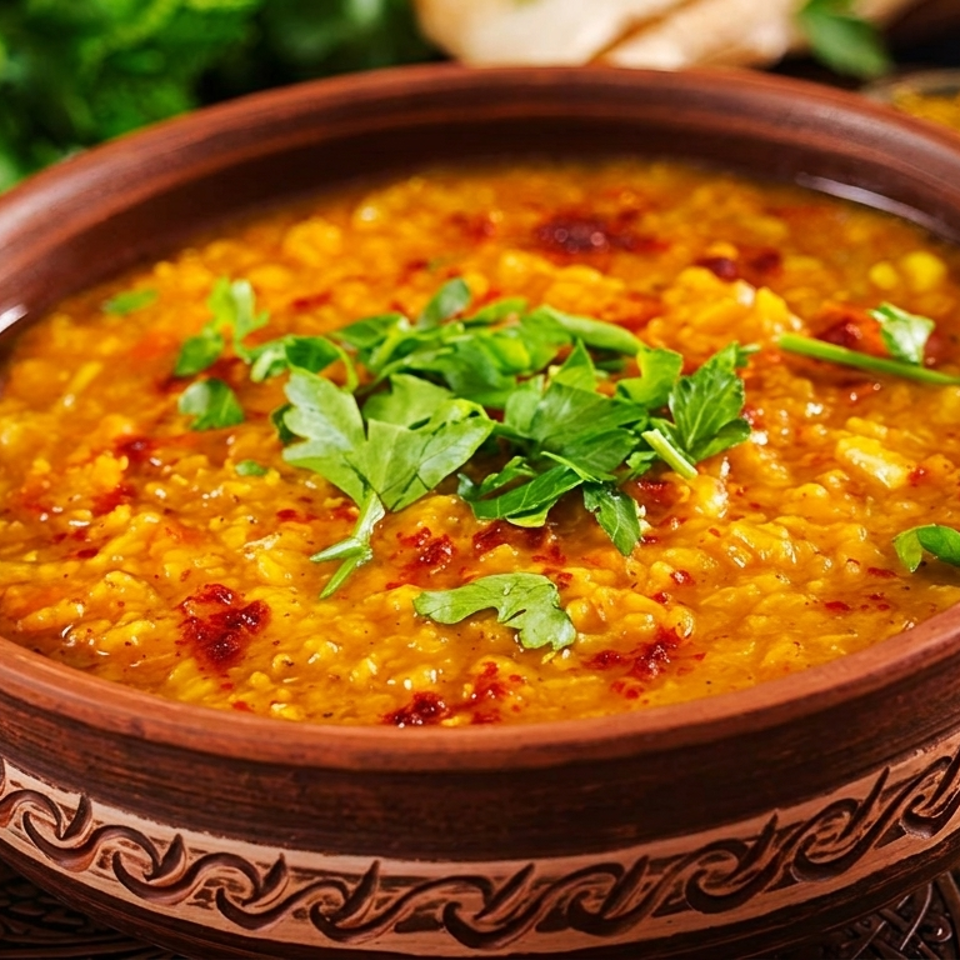 Traditional earthenware bowl of golden lentil soup topped with fresh parsley and red chili, surrounded by spices and herbs.