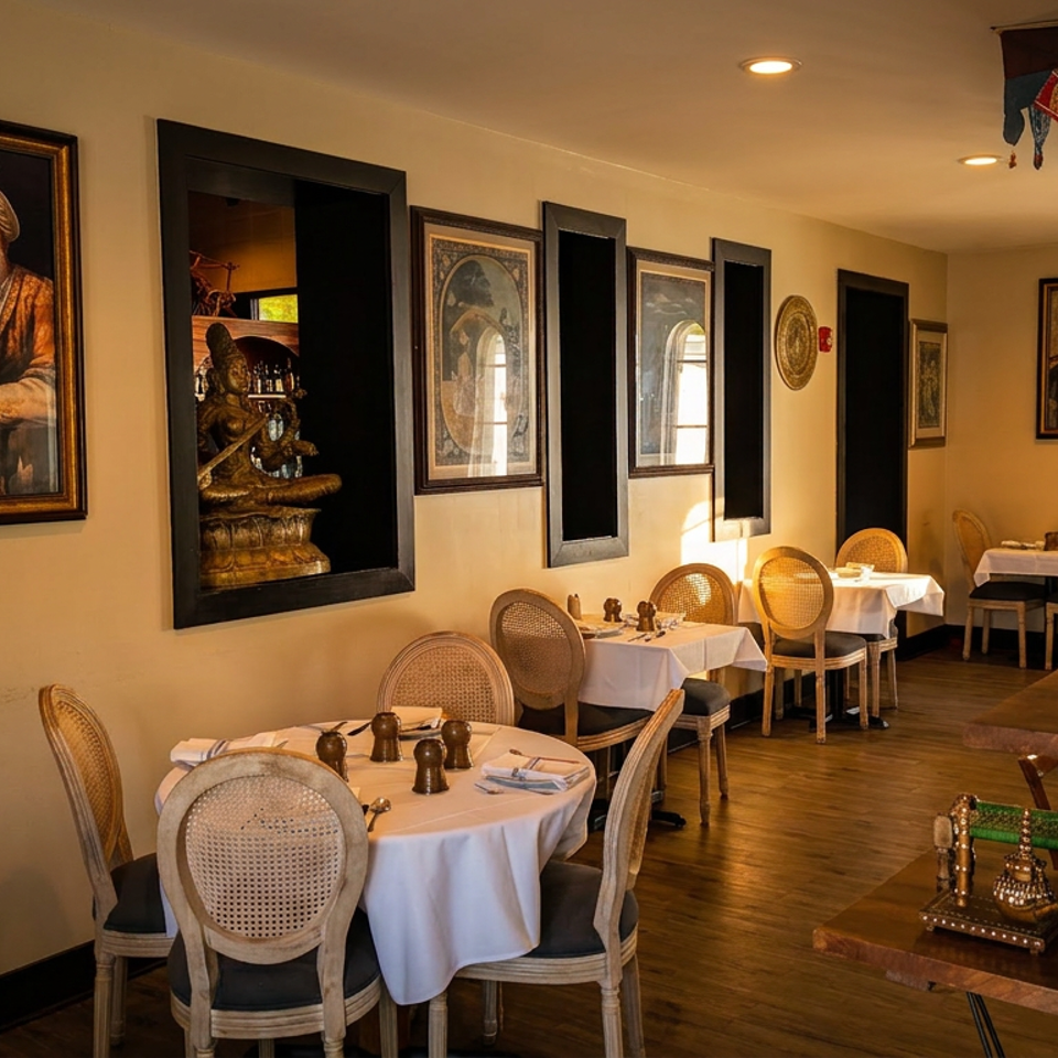 Warmly lit restaurant dining room with white-tablecloth tables, cane chairs, ornate artwork, and richly decorated Middle Eastern furnishings.